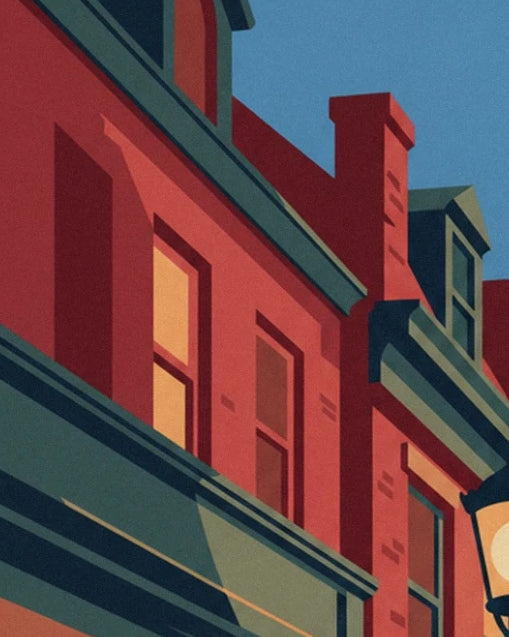 Red façades with golden windows, the chimney and dark green cornices