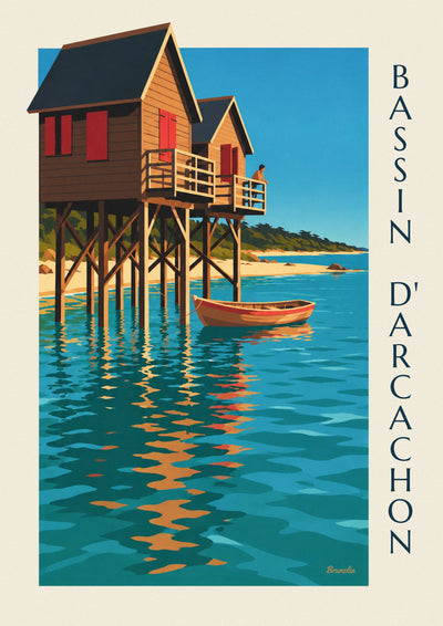 Póster de cabañas sobre pilotes (cabanes tchanquées) de la bahía de Arcachon al anochecer: el póster completo