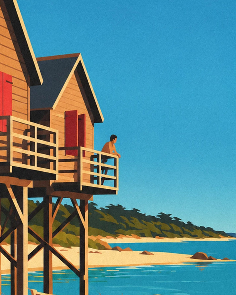 Affiche cabanes tchanquées du bassin d’Arcachon au crépuscule : détail en gros plan