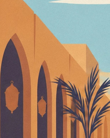 The tall ochre arches with hanging lanterns, behind the dark palm fronds