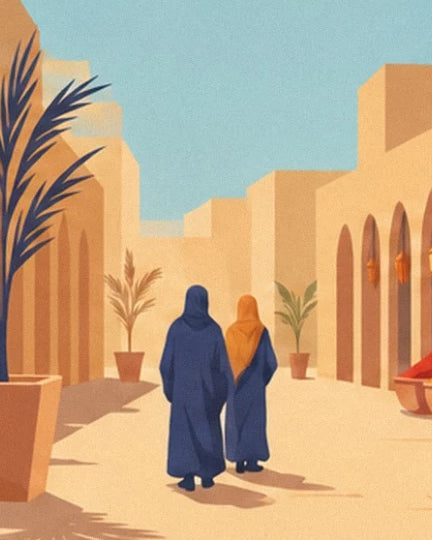 The 2 figures in blue and ochre in the sunny passage lined with potted plants