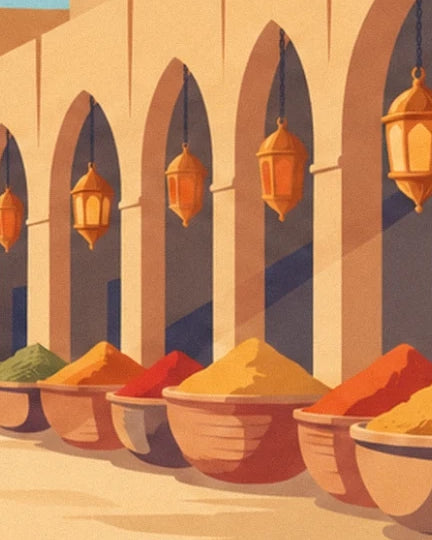 The bowls of colourful spices lined up beneath the arches with golden lanterns