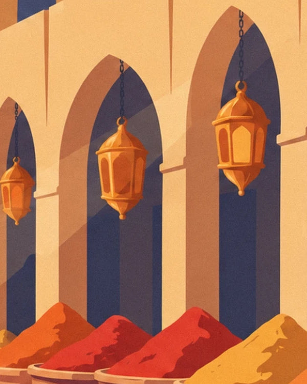 The golden lanterns beneath the arches, above the red and yellow spices