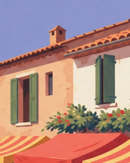 Façades with green shutters and tiled roofs above red and yellow awnings