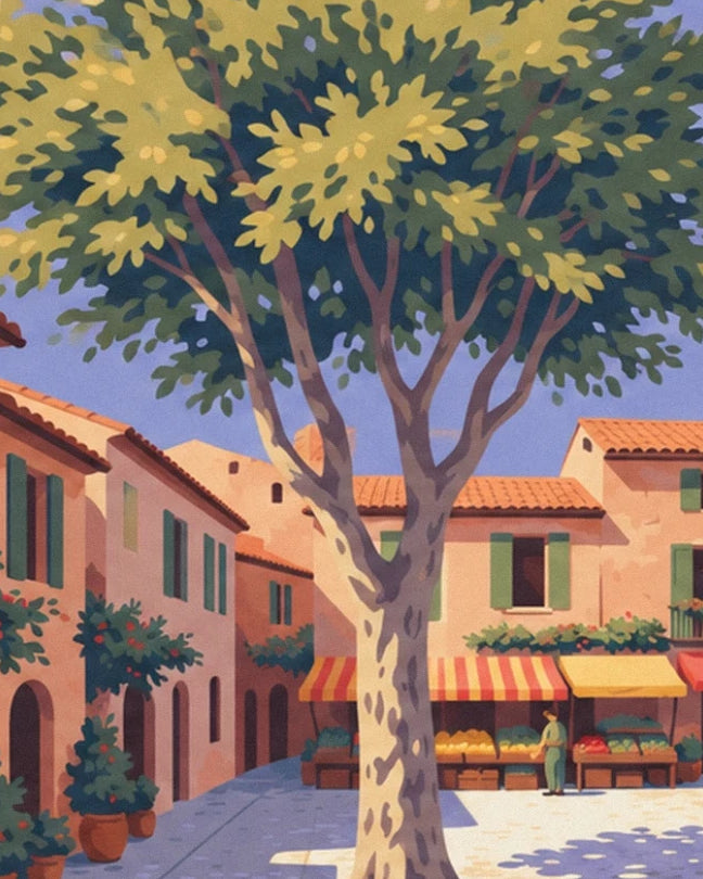 The large plane tree in the village square, between façades with green shutters and market stalls