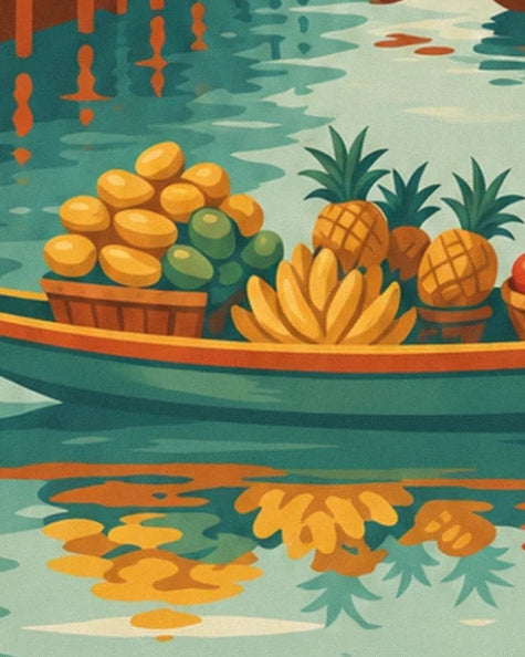 A boat loaded with bananas, pineapples and yellow and green fruit on the water