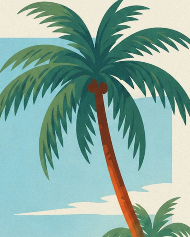 The palm tree with a leaning trunk and long green fronds against the pale blue sky