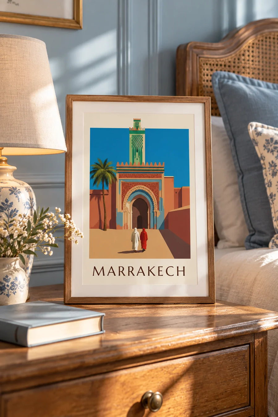 Póster de la puerta Bab Agnaou y un minarete en Marrakech: formato pequeño A4 enmarcado