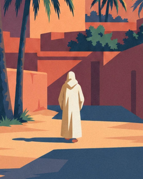 A man in a white djellaba, seen from behind, walking along a sunlit lane at the foot of the ramparts