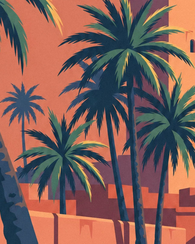 A cluster of palm trees with green and midnight blue fronds, in front of the medina's ochre walls