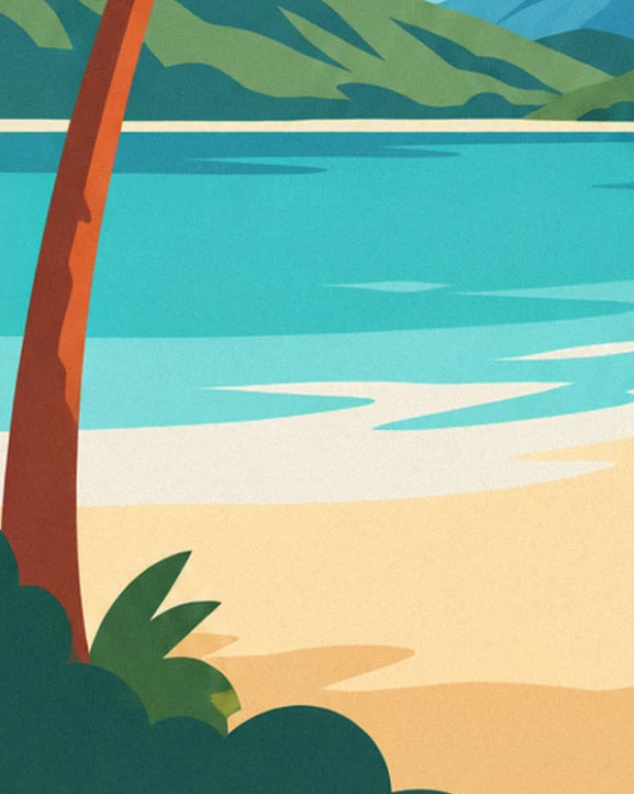 Le tronc du palmier courbé sur le sable, avec l'eau turquoise et les collines au loin