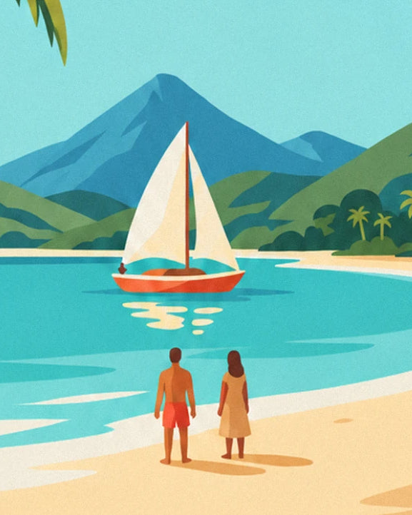 Le voilier à coque orange dans l'anse, et le couple sur la plage face à la montagne