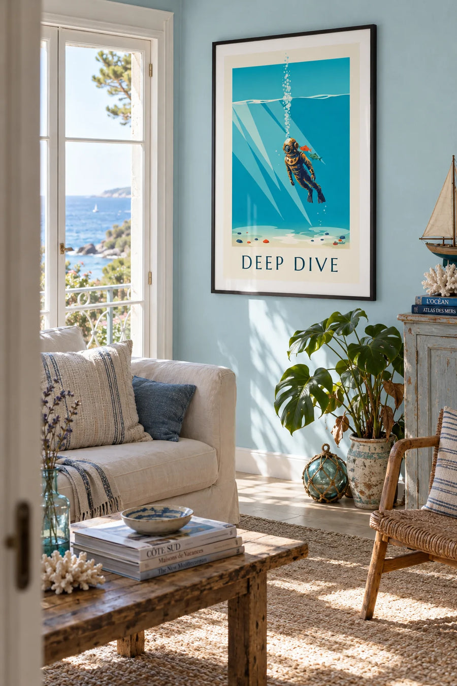 Affiche plongeur au casque chromé futuriste sous la mer : encadrée au mur