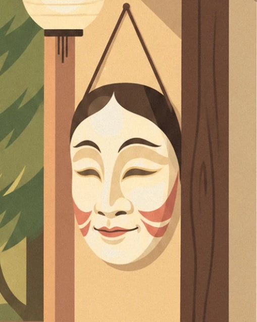 An ivory Noh mask with red cheeks hanging from a wooden pillar