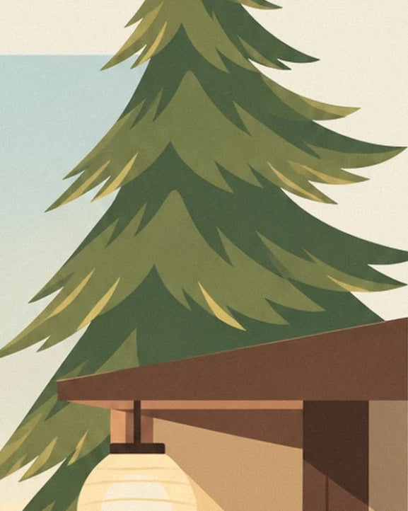 A large conifer behind the stage’s brown roof and a cream lantern