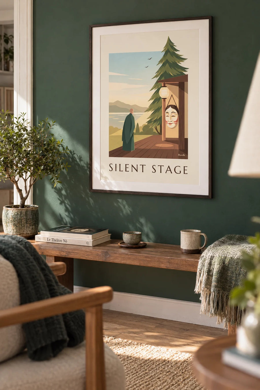 Poster of a Japanese Noh theater mask on a stage pillar: framed on the wall
