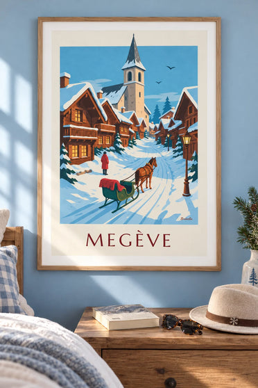 Póster de trineo de caballos en una calle nevada de Megève: enmarcado en la pared