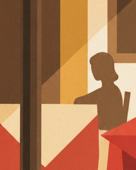 The brown silhouette of a person seated among the terrace tables