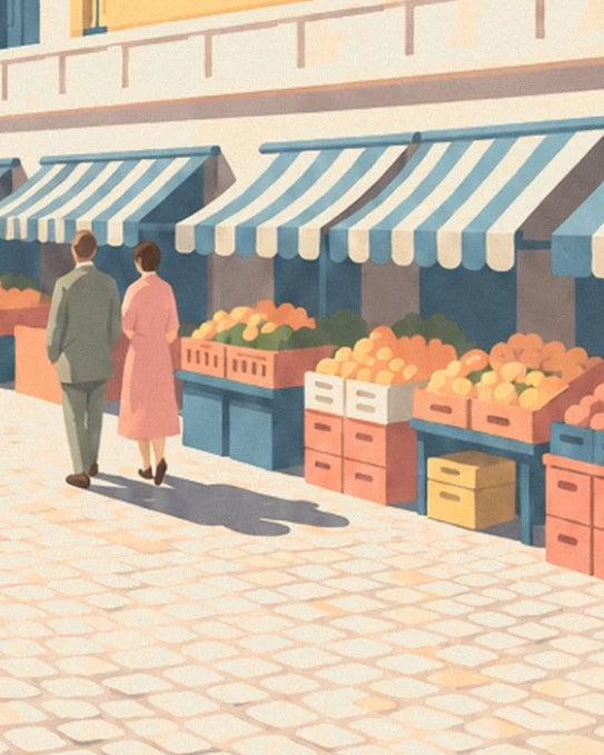 A couple in front of the fruit stalls and blue and white striped awnings