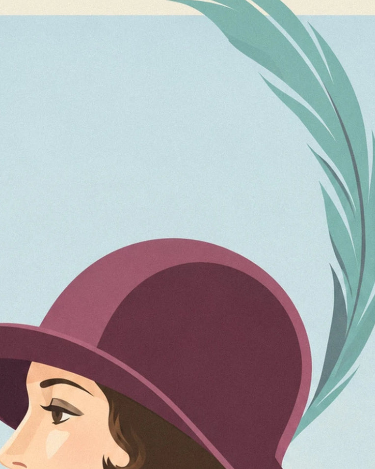 Affiche femme élégante au chapeau à longue plume : détail en gros plan