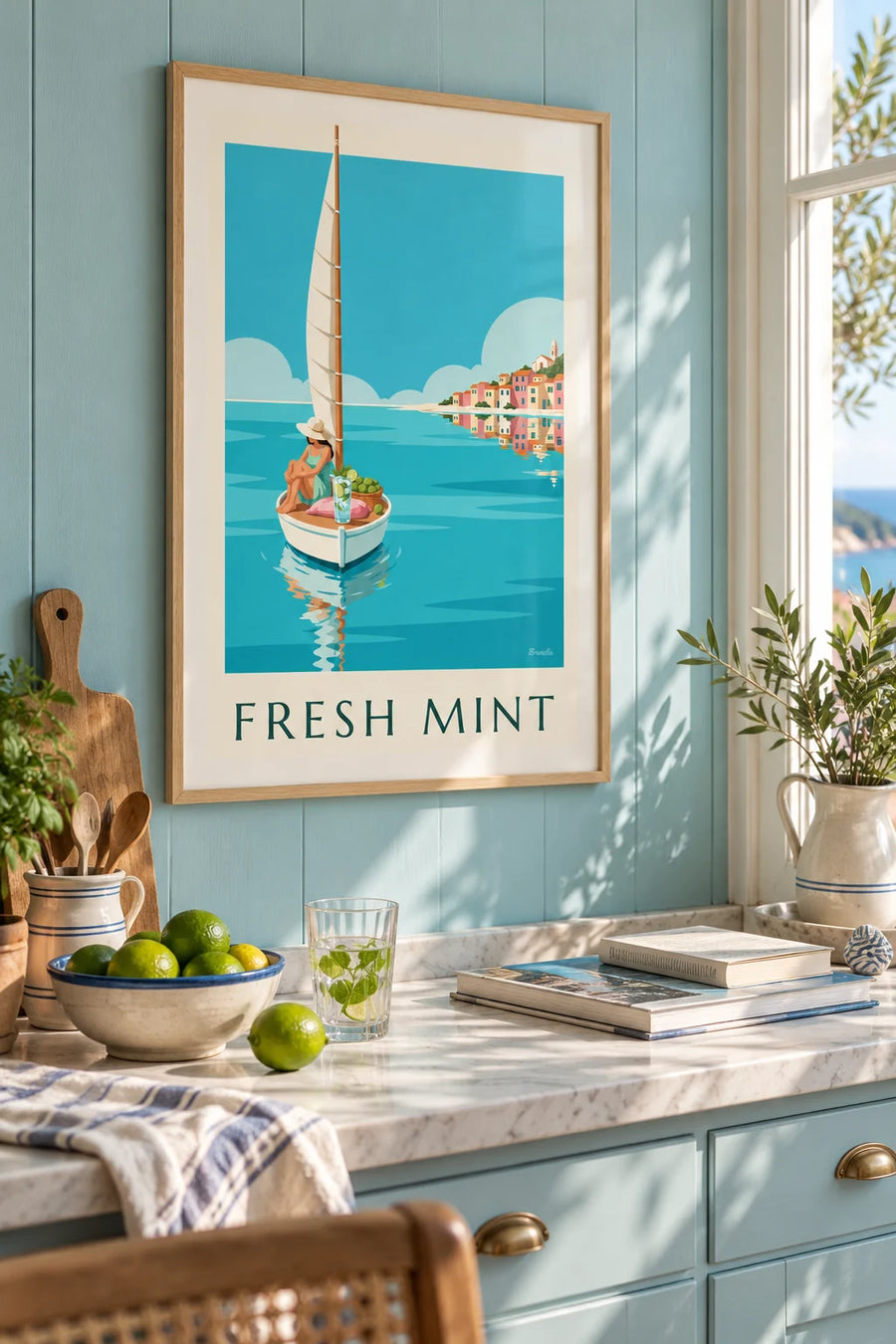 Mojito poster aboard a small sailboat in a turquoise bay: framed on the wall