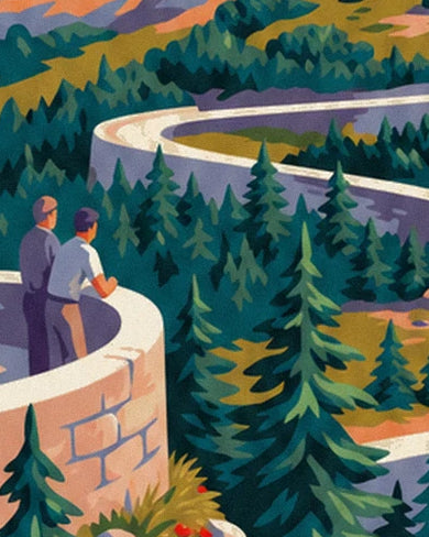 The 2 spectators at the stone parapet, facing the hairpin bends winding between fir trees