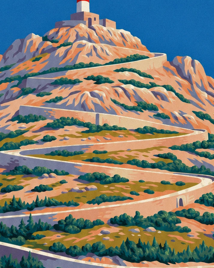 The hairpin bends on the rocky slopes of mont Ventoux, beneath the building and its aerial