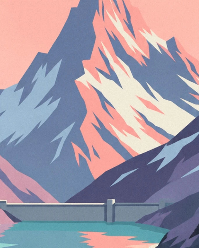 Pink and blue peak above the grey dam beside the lake