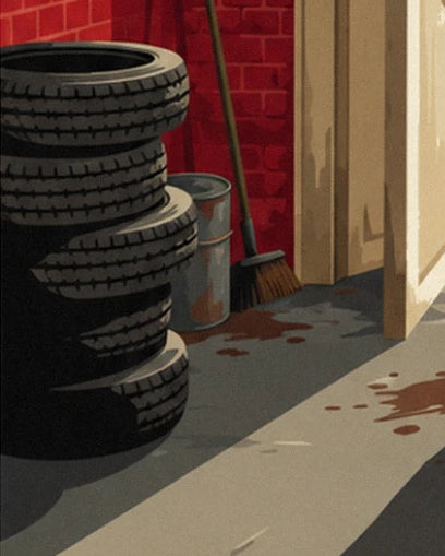 Stack of 5 black tyres, broom and can against the brick wall, on the oil-stained floor