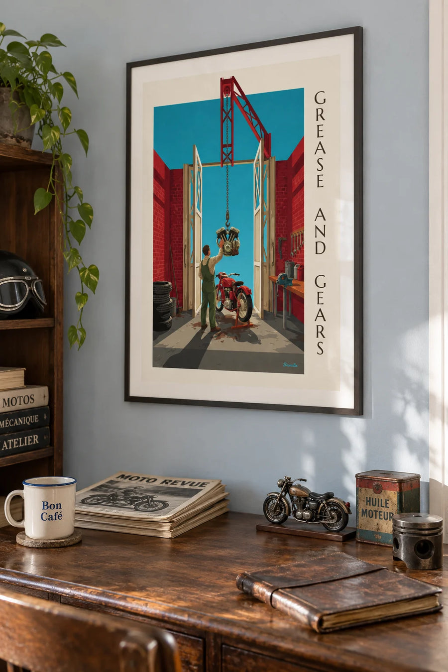 Poster of a classic motorcycle in a brick mechanic’s workshop: framed on the wall