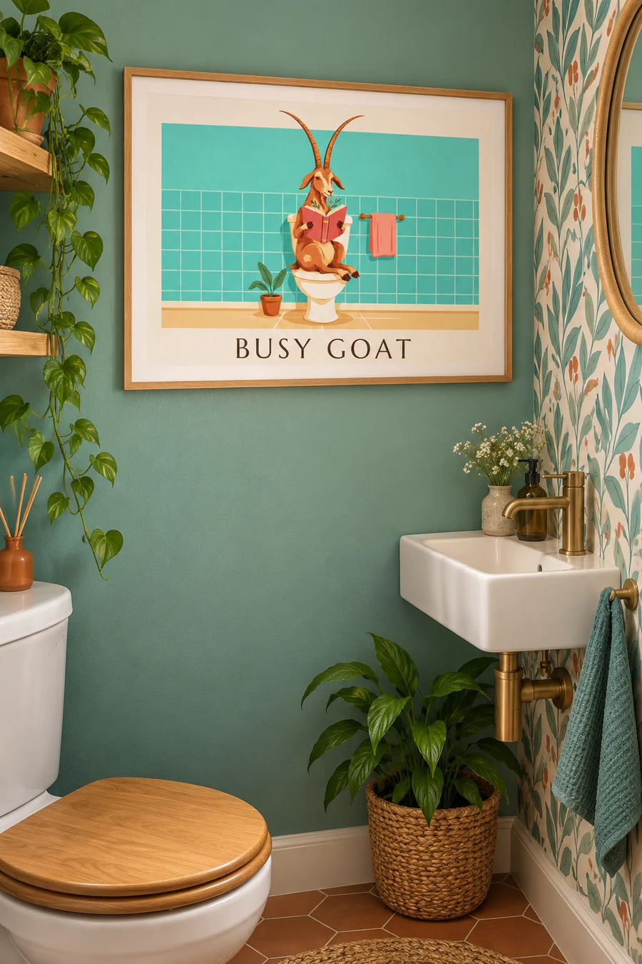 Póster humorístico de una cabra que lee en el baño: enmarcado en la pared