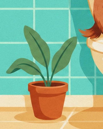 La plante verte dans son pot en terre cuite, sur le carrelage turquoise de la salle de bains