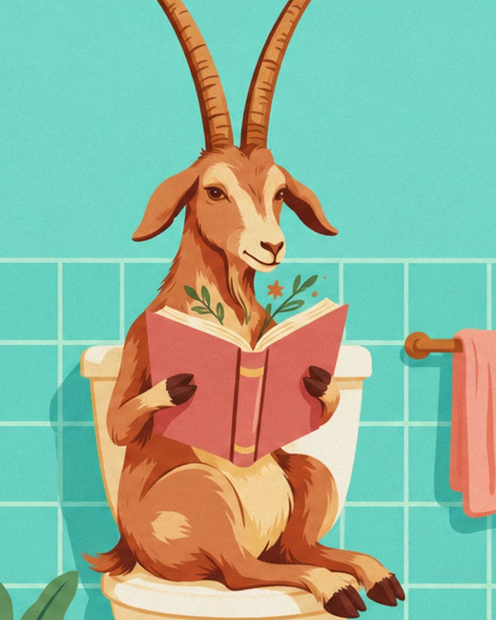 La chèvre aux longues cornes, assise sur les toilettes avec son livre rose ouvert