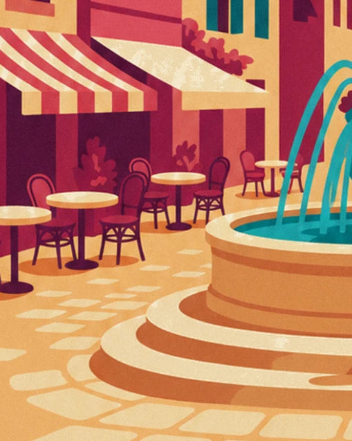 Café terrace with pink and cream striped awnings, round tables and the fountain basin