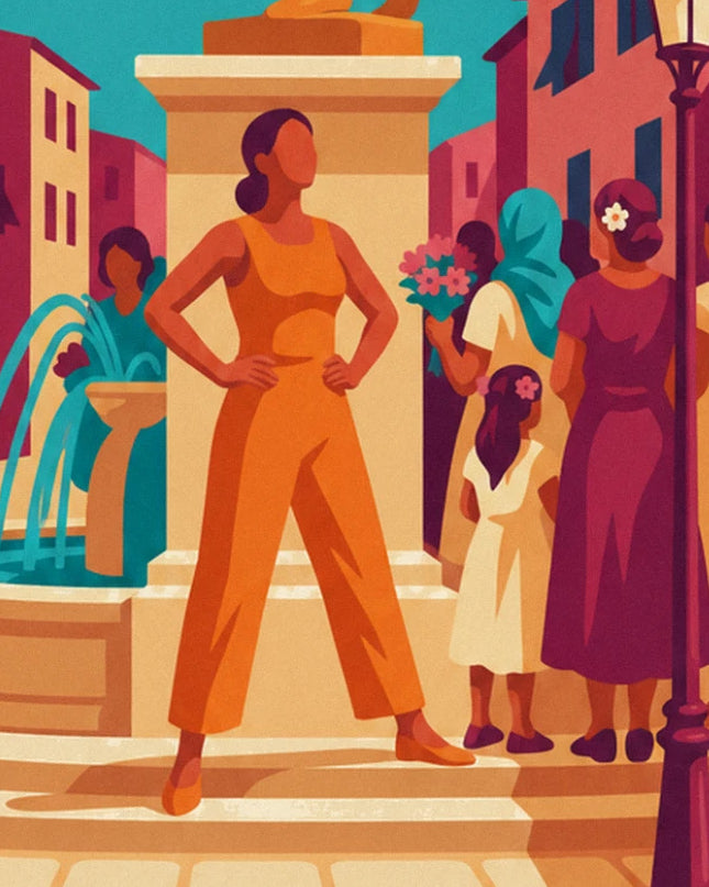 Woman in an orange jumpsuit, fists on her hips, in front of the crowd and fountain