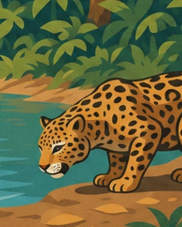 Le jaguar au pelage doré tacheté de noir, au bord de l’eau turquoise en Amazonie