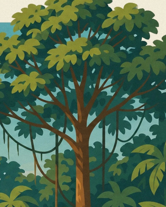 Un arbre au tronc brun et aux longues lianes parmi les feuillages de la forêt amazonienne