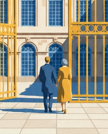 A couple in blue and yellow coats between the open golden gates