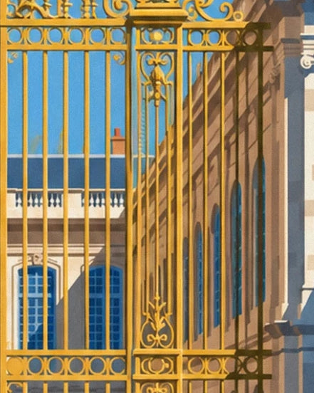 The golden bars in front of ochre and cream façades with blue windows