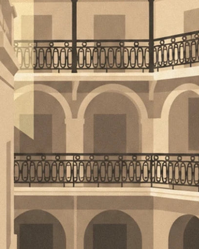 Arcades and wrought iron balustrades of the galleries in sandy tones