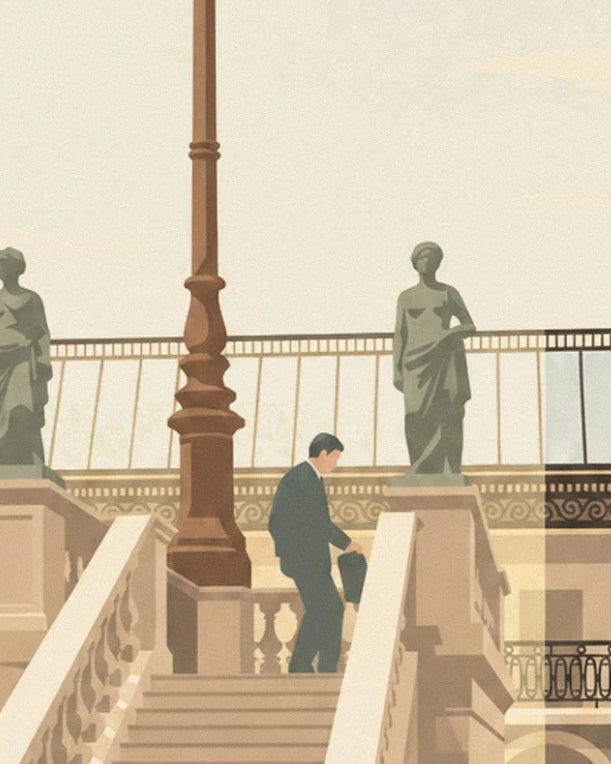 Man in a dark suit walking down the steps between the brown street lamp and the green statue