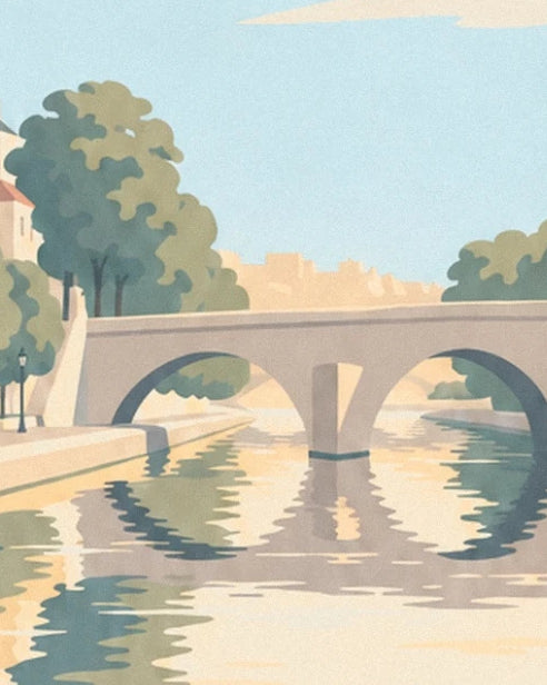 Le pont de pierre et ses arches arrondies reflétés dans la Loire, entre les quais arborés