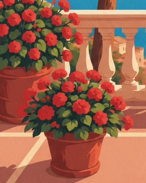 Red flowers in terracotta pots on the terrace with its pale balustrade