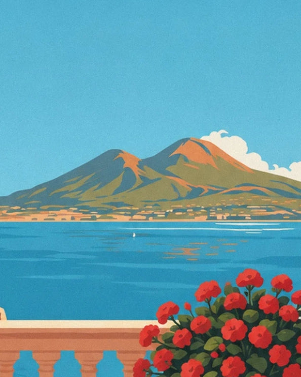 Vésuve above the bay of Naples, with red flowers below