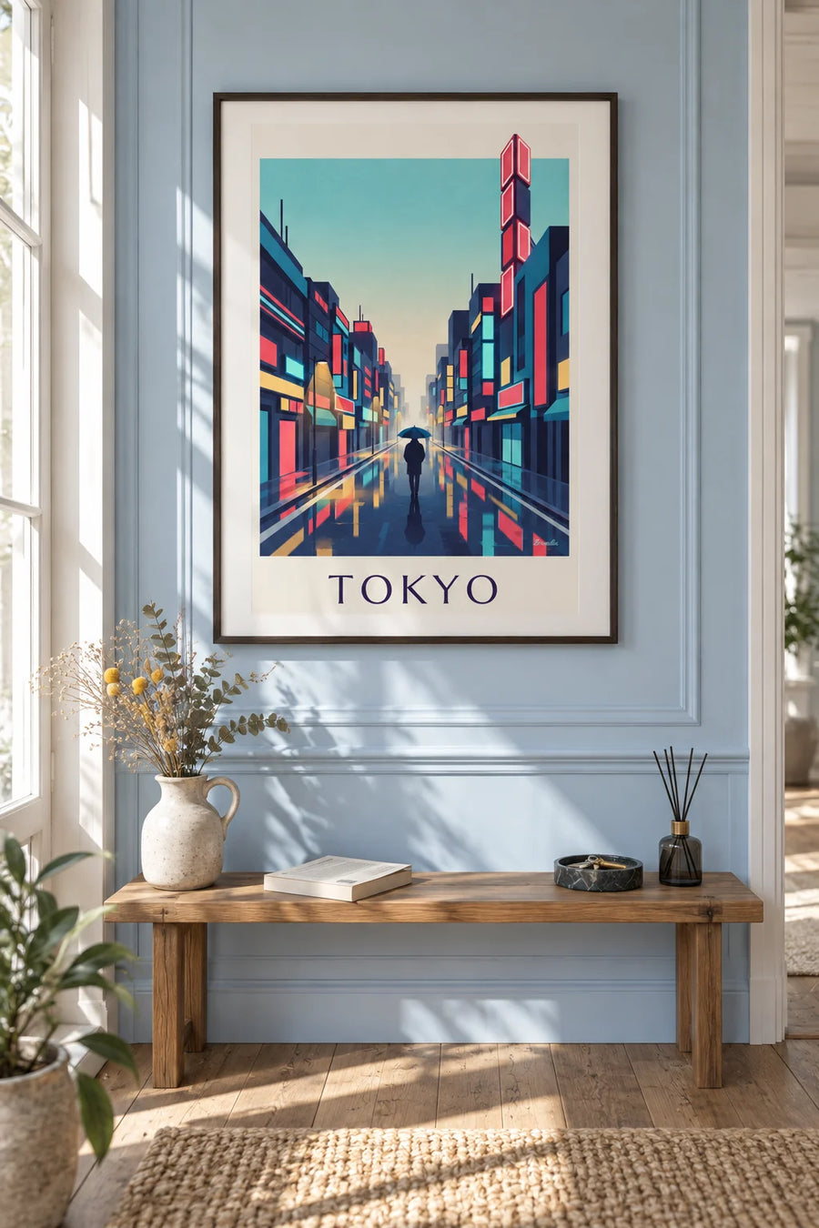 Poster of a rainy night and neon lights in Tokyo’s Shinjuku district: framed on the wall