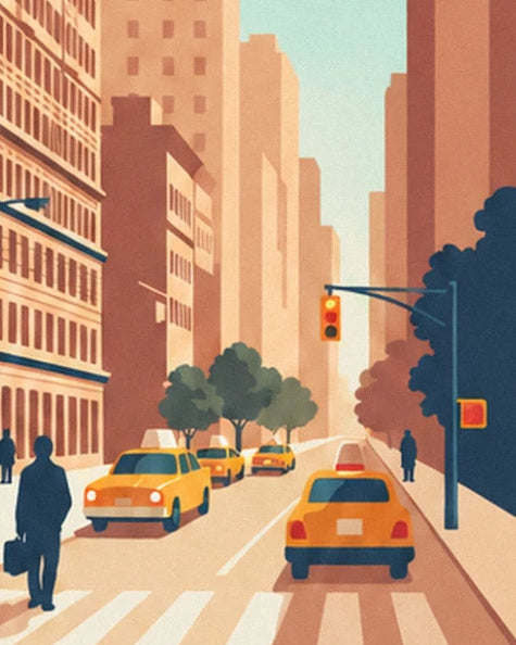 Avenue lined with buildings, yellow taxis and a man with a briefcase on the pedestrian crossing