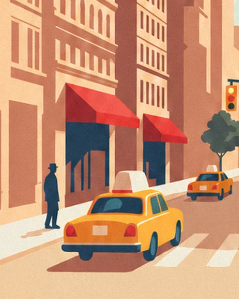 Man in a hat in front of the 2 red awnings, with a yellow taxi passing along the avenue