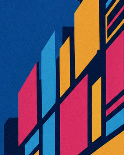 Les panneaux lumineux rose, jaune et bleu clair des façades, en grands aplats géométriques