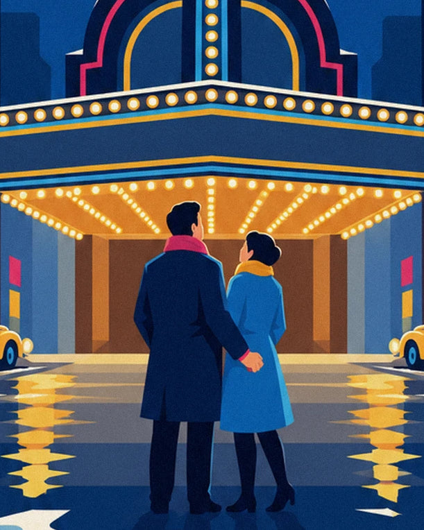 Le couple de dos sous la marquise éclairée, lui en manteau marine, elle en manteau bleu