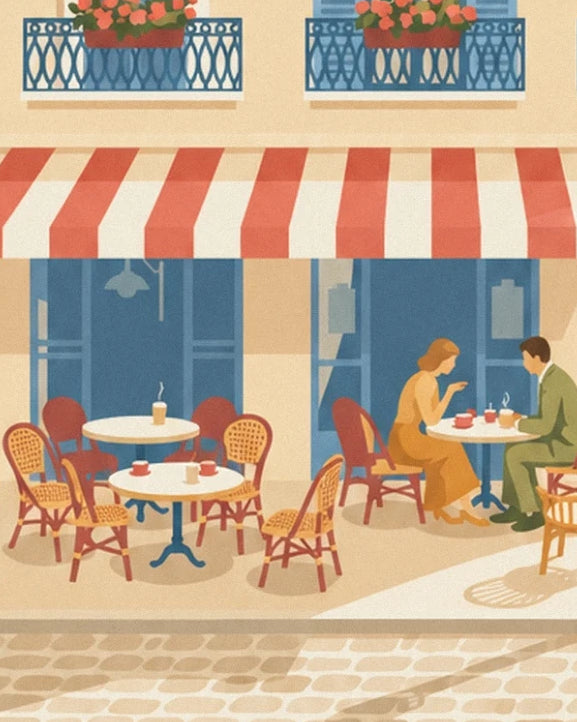 Una pareja sentada en la terraza de un café bajo el toldo de rayas rojas y crema